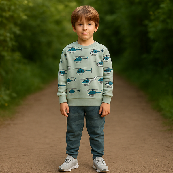 Helicopter Print Tracksuit with Camouflage Pants for Kids