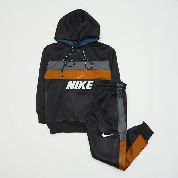 Black Athletic Hoodie Tracksuit with Brown and Grey Panels