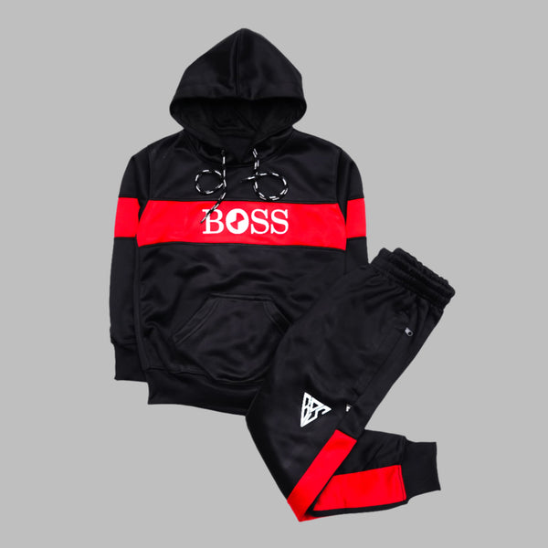 Black Hoodie Tracksuit with Bold Red Panel Design