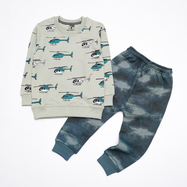 Helicopter Print Tracksuit with Camouflage Pants for Kids