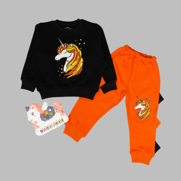 Magical Unicorn Tracksuit - Black & Orange Kids Outfit Set