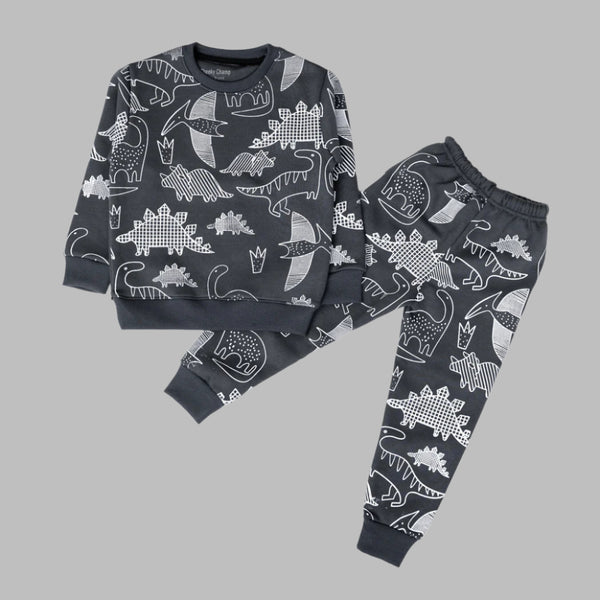 Charcoal Grey Dinosaur Adventure Tracksuit - Cozy Winter Kids Set