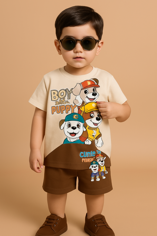 Boy with Puppy" Cartoon T-Shirt & Shorts Set