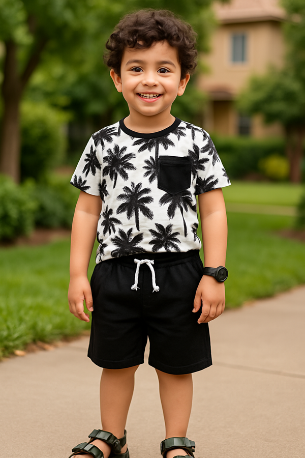 Tropical Palm Print T-Shirt & Drawstring Shorts Set