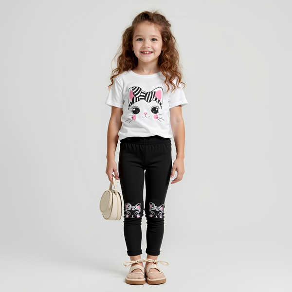 Cute and Comfy Kitty Print T-Shirt and Trouser Set for Kids