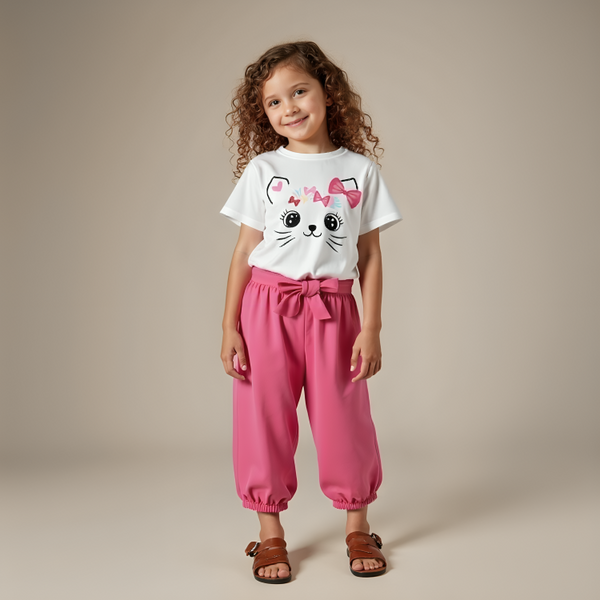 Cute Girls' 2-Piece Outfit – Kitty Print T-Shirt & Pink Jogger Pants
